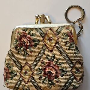 Vintage Needlepoint Tapestry Home-made Double Coin Brass Purse